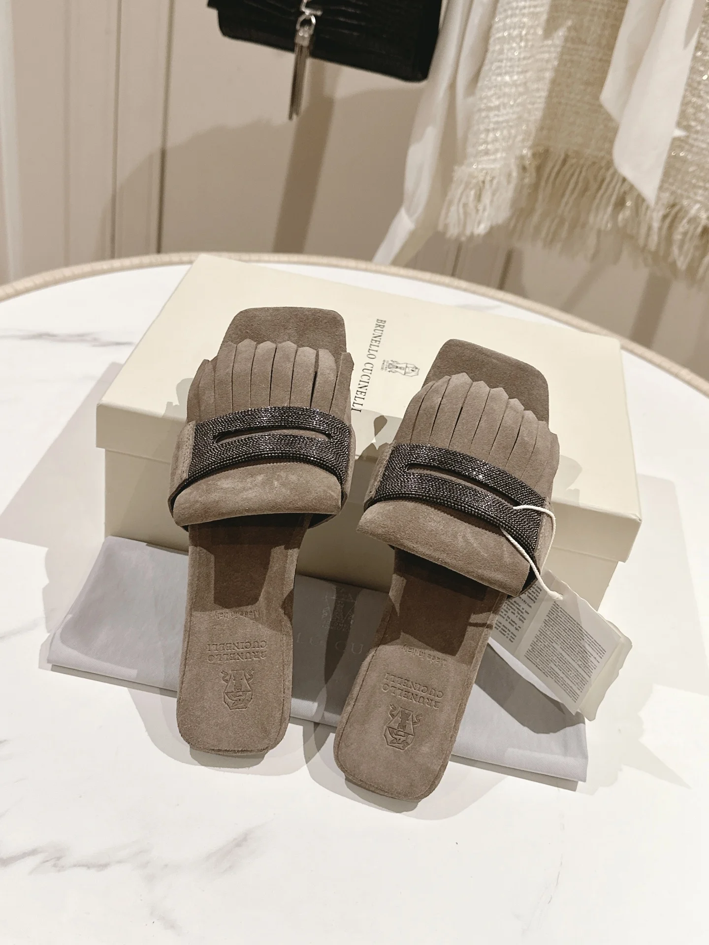 Brunello Cucinelli Suede Fringe Flat Mules with Hand-Beaded Strap – Women's Luxury Slides