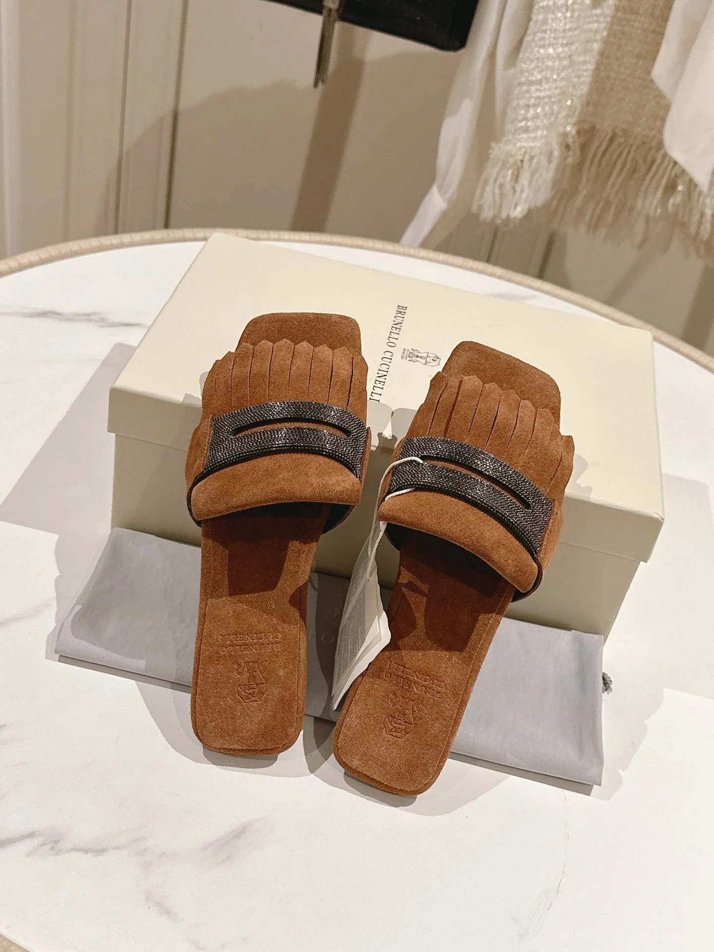 Brunello Cucinelli Suede Fringe Flat Mules with Hand-Beaded Strap – Rust Brown Edition