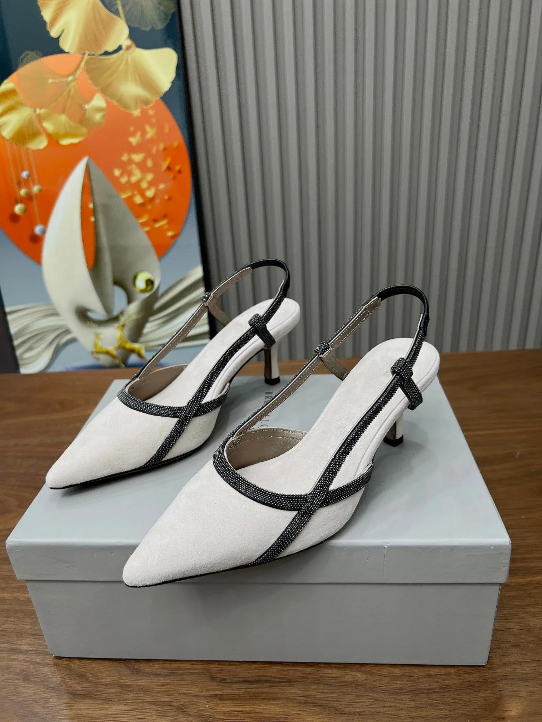 Brunello Cucinelli White Suede Slingback Pumps with Crystal Strap