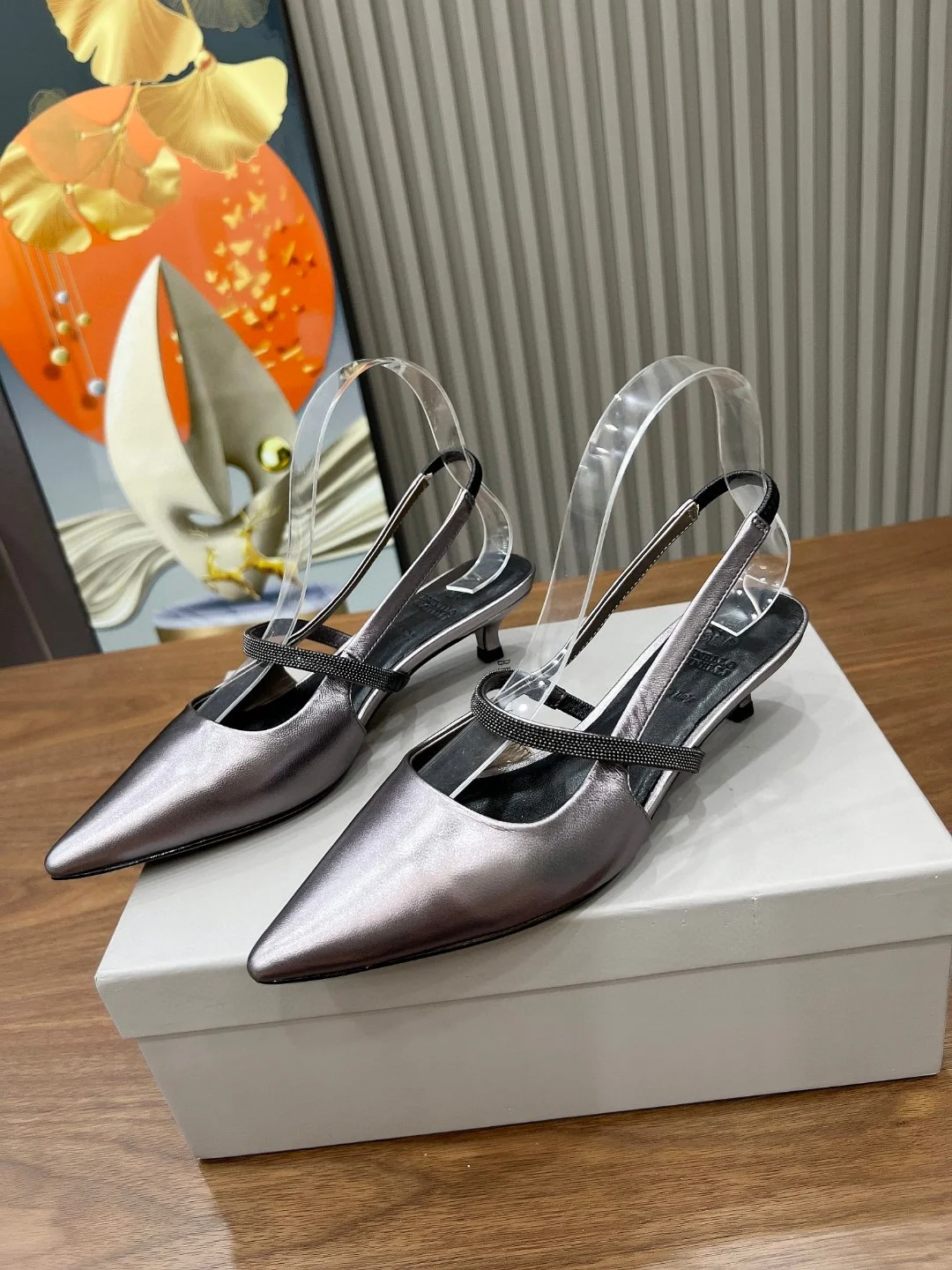 Brunello Cucinelli Metallic Grey Leather Slingback Heels with Crystal Strap
