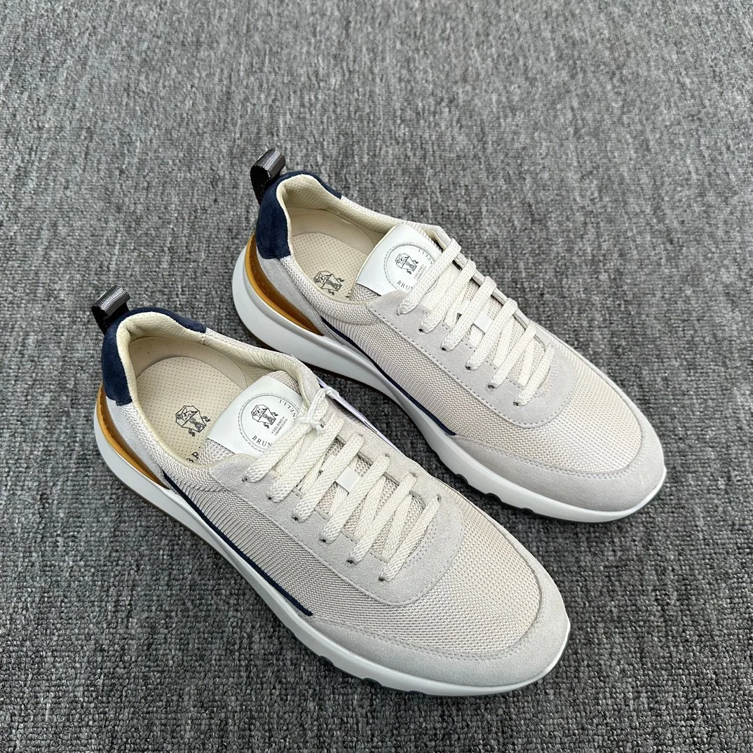Brunello Cucinelli Off-White Mesh Sneakers with Navy Heel 