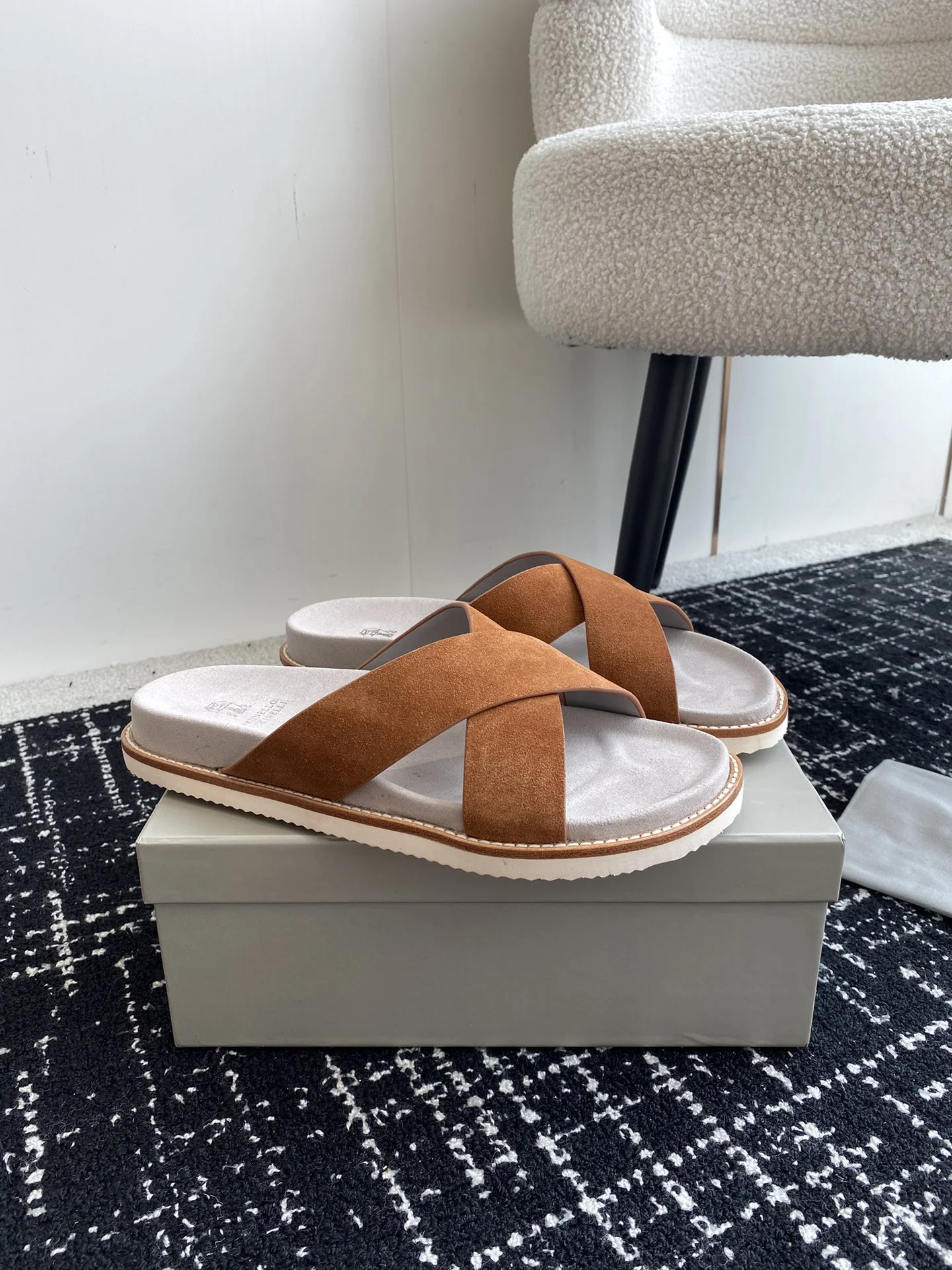 Brunello Cucinelli Brown Suede Cross Strap Slides