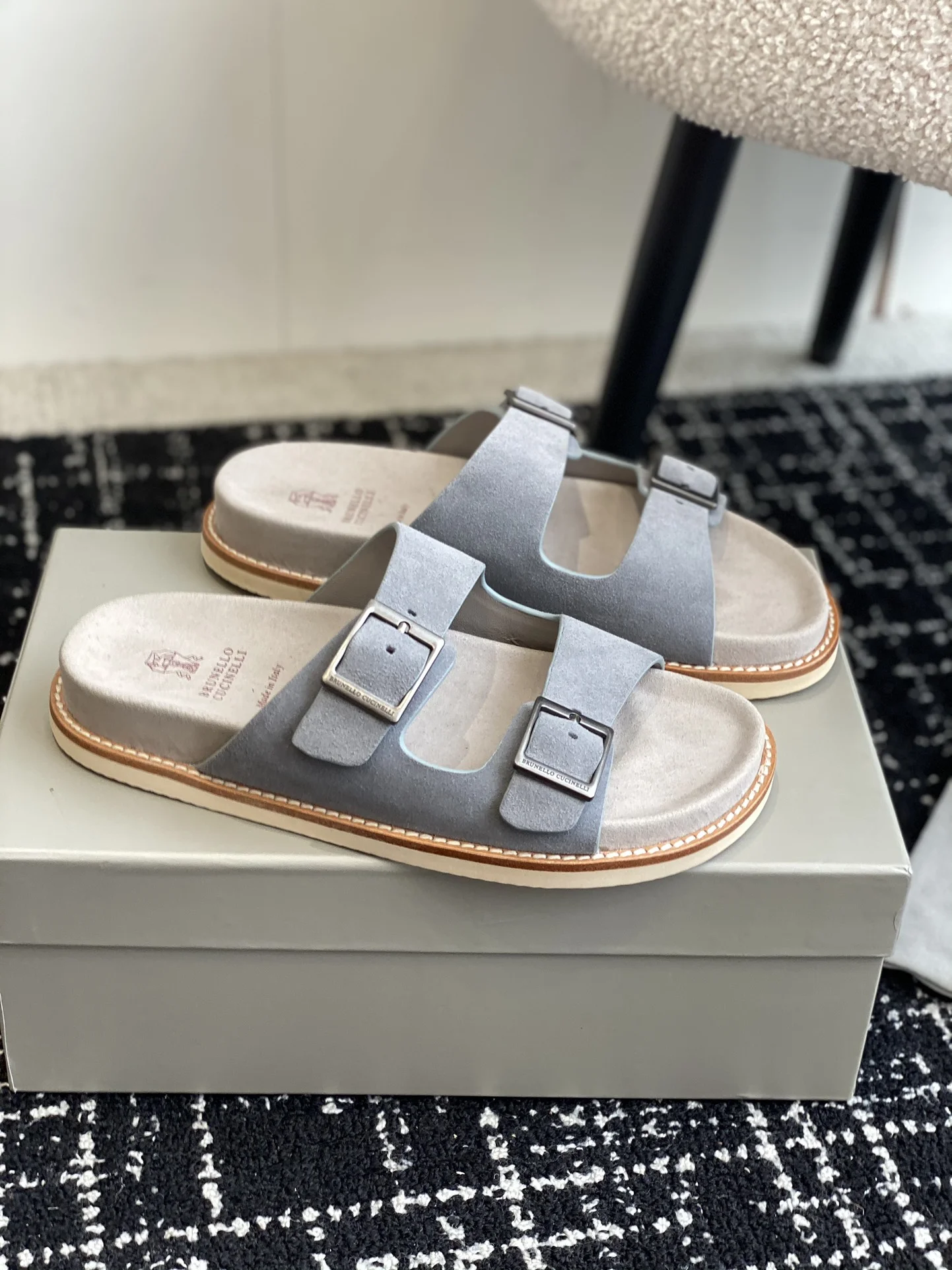 Brunello Cucinelli Grey Suede Double Buckle Slides