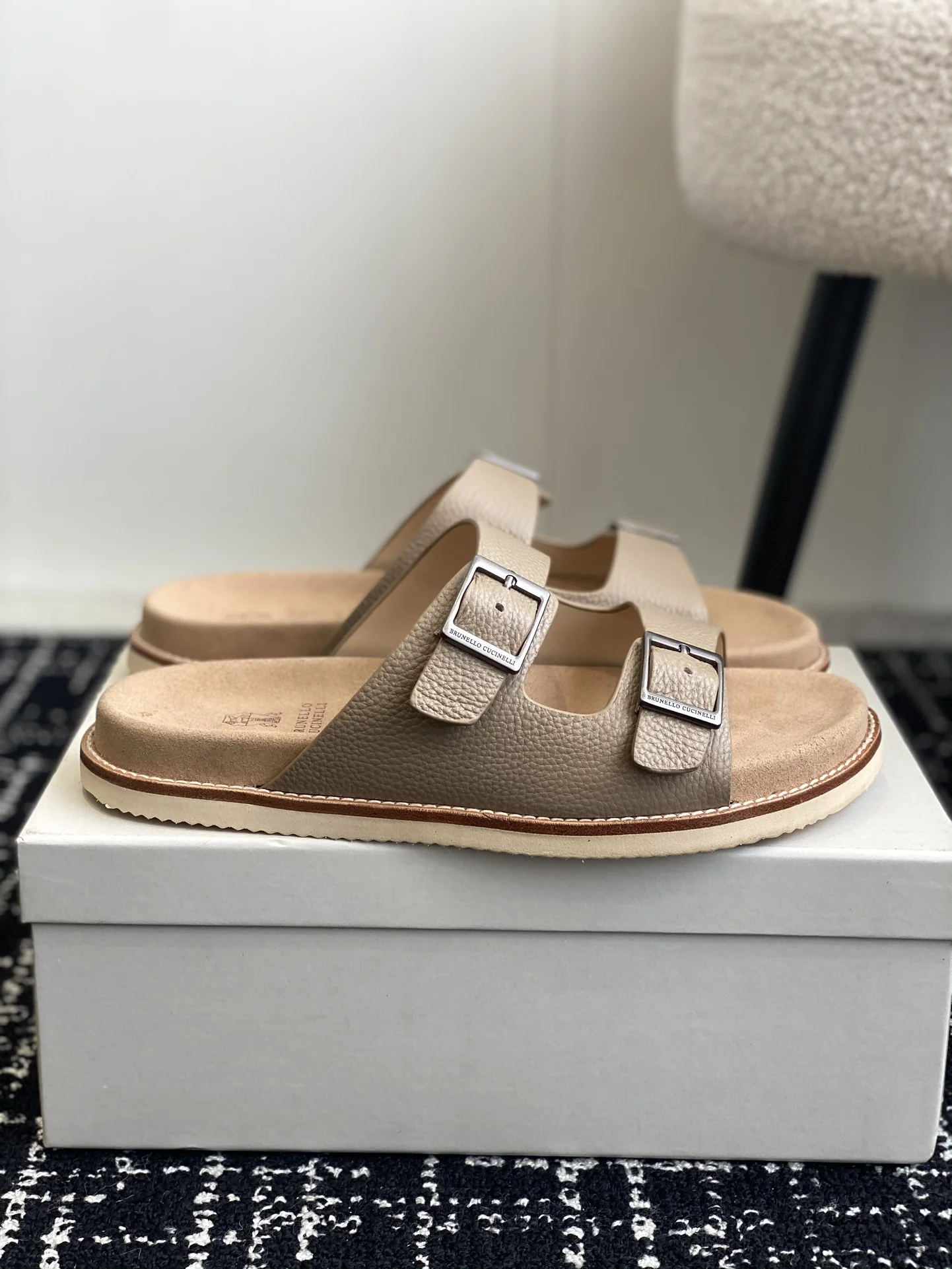 Brunello Cucinelli Beige Grained Leather Double Buckle Slides