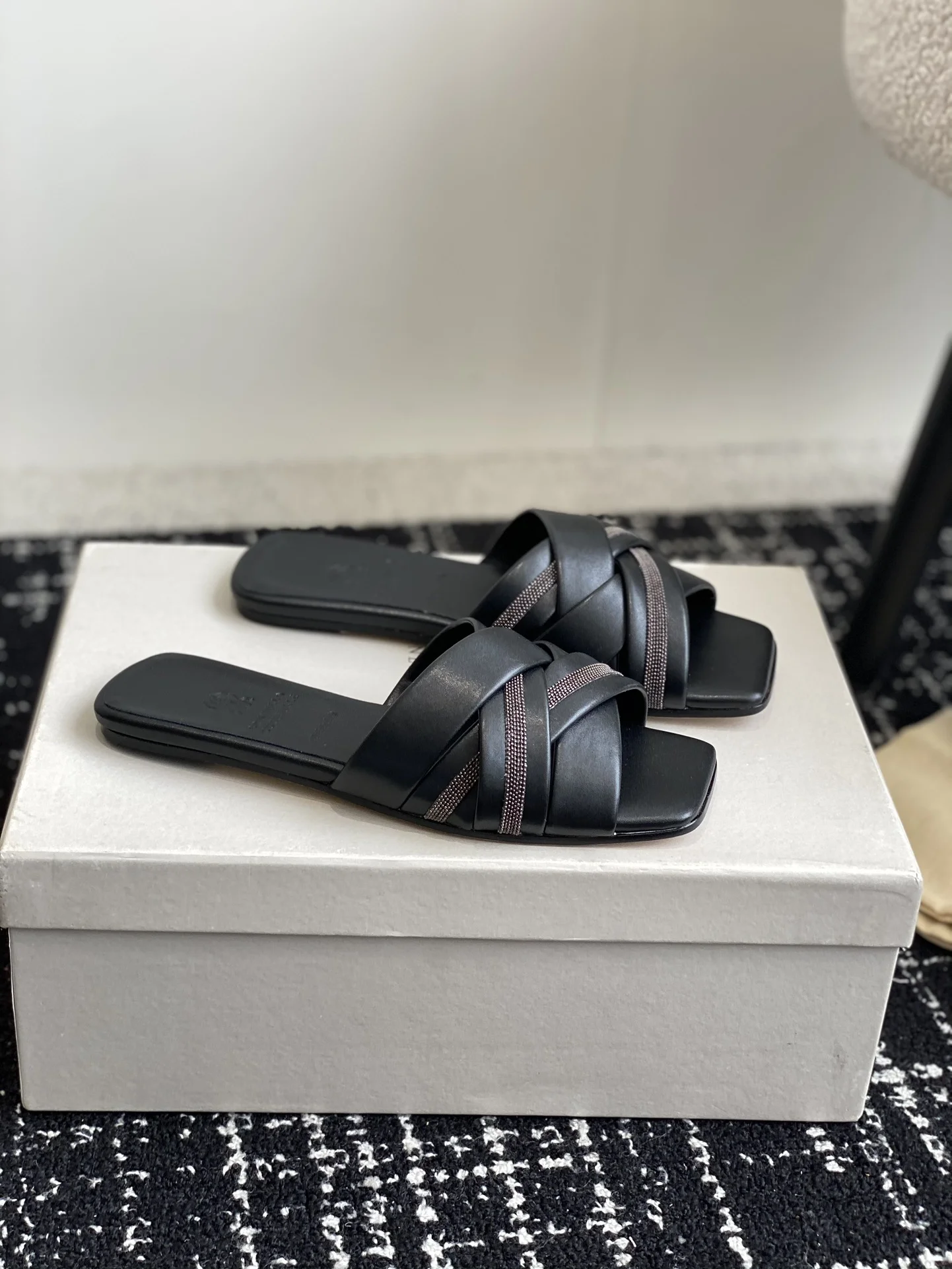 Brunello Cucinelli Black Cross-Strap Slide Sandals