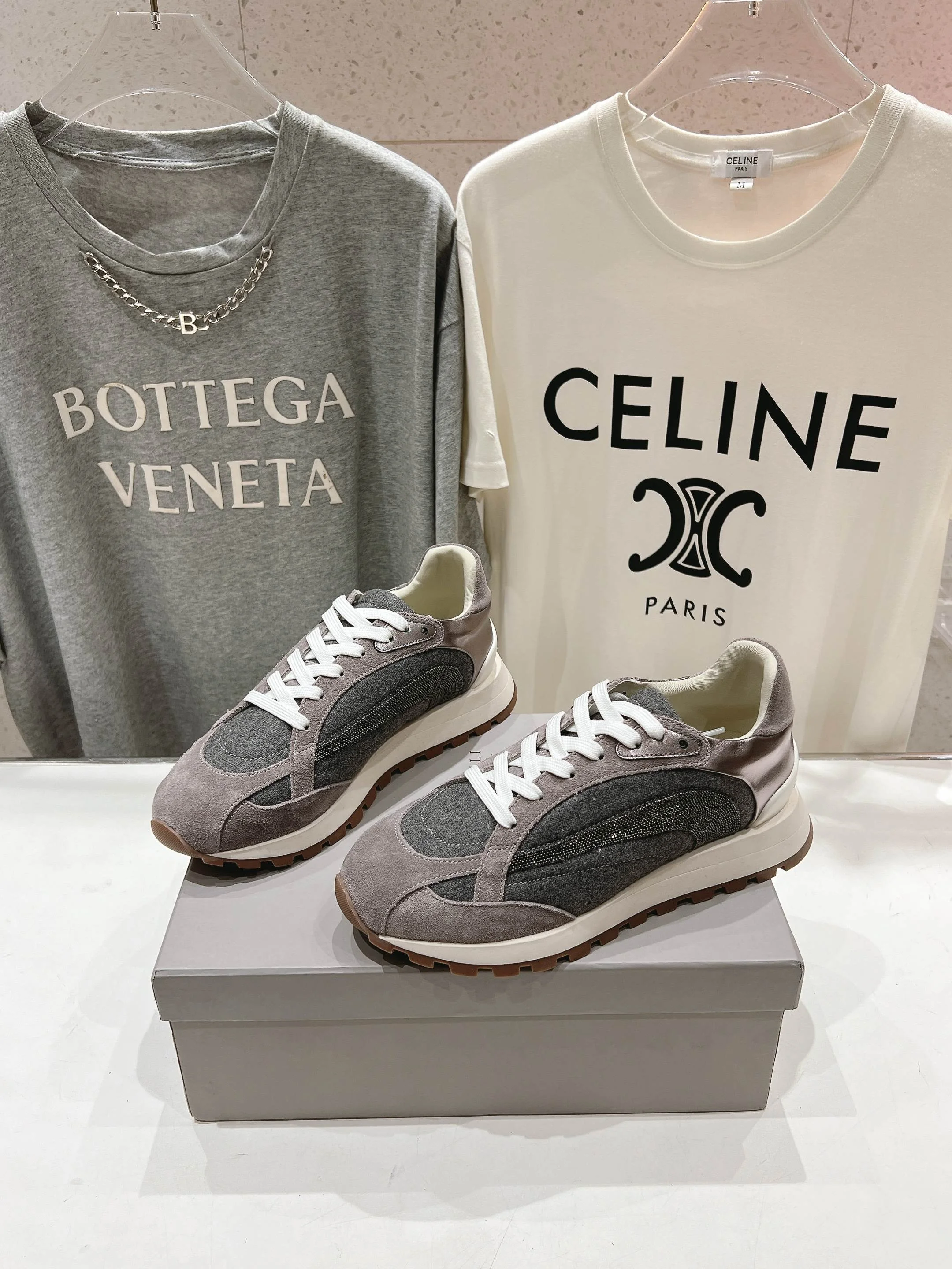 runello Cucinelli Grey Low-Top Sneakers – Suede and Fabric Mixed Trainers