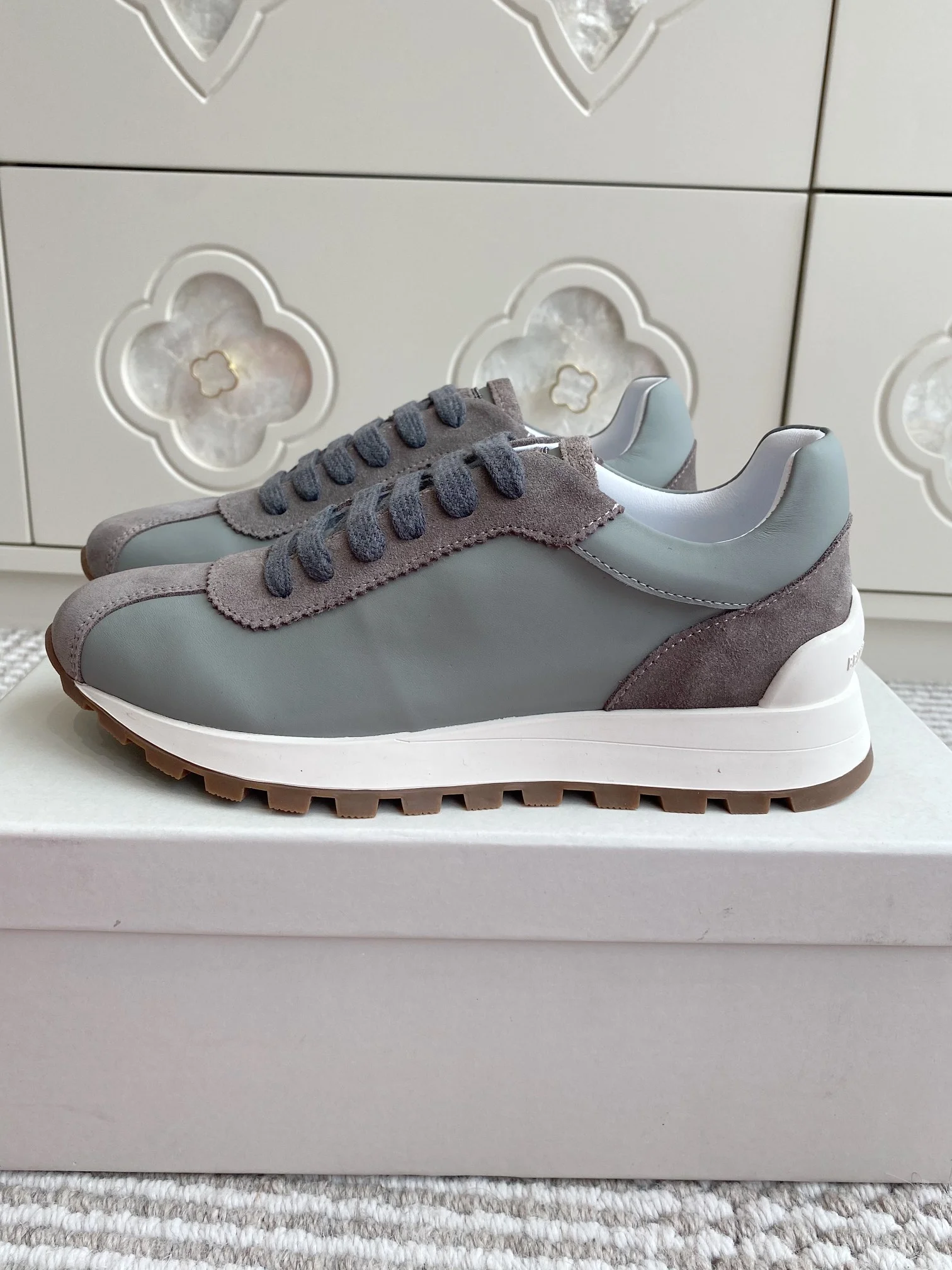 Brunello Cucinelli Grey Green Leather and Suede Sneakers – Refined Italian Style